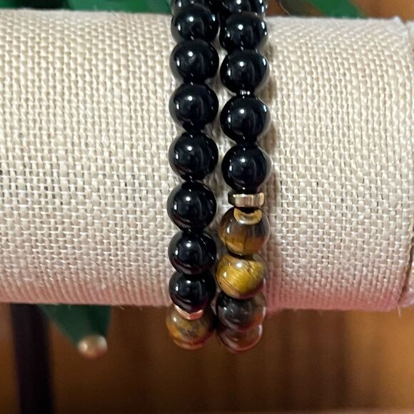 NWT Tiger's Eye and Black Bead 2 Stretch Bracelets #JW7 - Picture 6 of 8